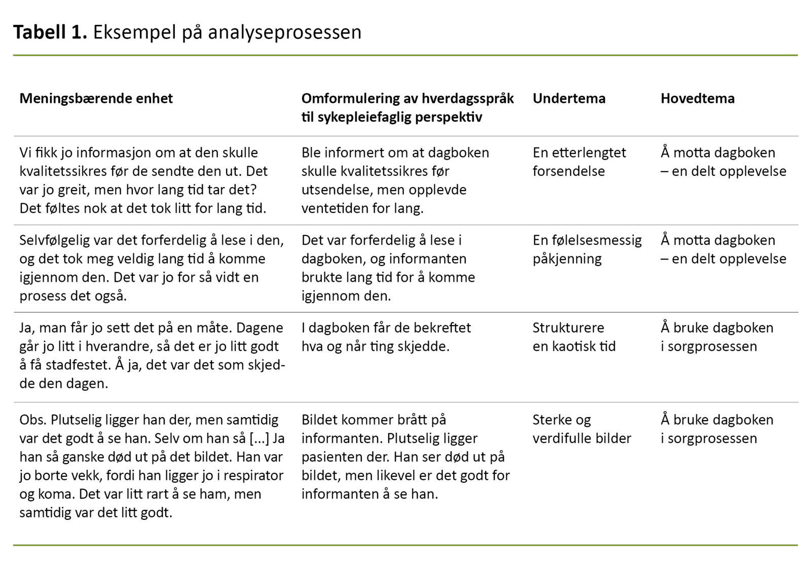 Tabell 1. Eksempel på analyseprosessen
