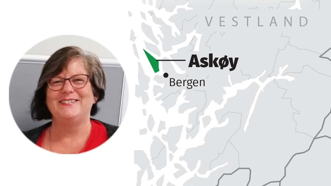 Bildet viser utsnitt av Norgeskartet ved Skøy, Bergen og portrett av Tone Steinfeld. 