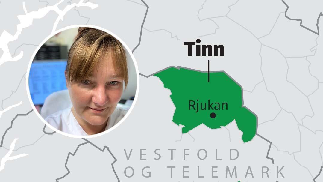 Bildet viser utsnitt av Norgeskartet ved Tinn og portrettbilde av Grith Petersen.