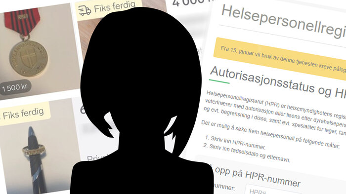 Bildet viser en siluett av et hode, en skjermdump av finn-annonser og helsepersonellregisteret.