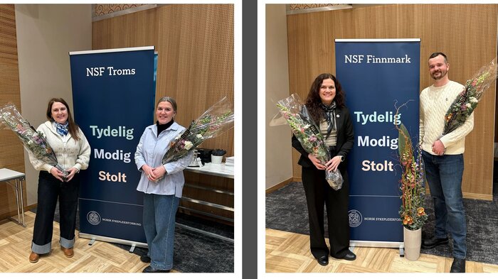 Bildet viser (Fra v.:) Fylkesleder i Troms Linda Therese Norrie og nestleder Randi Rudi . Fylkesleder i Finnmark Åshild Østlyngen og nestleder Jonas Eidsaune Melby. 