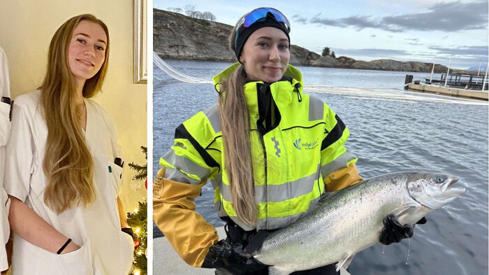 bilder av emilie som sykepleier og i jobb på havbruket