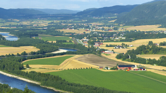 Bilde av Gauldalen med lakseelva Gaula, mot Horg og Lundamo