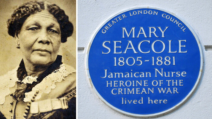 Bildet viser Mary Seacole og en plakett som hedrer henne.