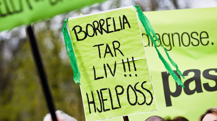 Bildet viser et protestskilt hvor det står "Borrelia tar liv, hjelp oss".