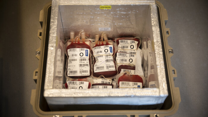 Bildet viser blodposer i en boks.