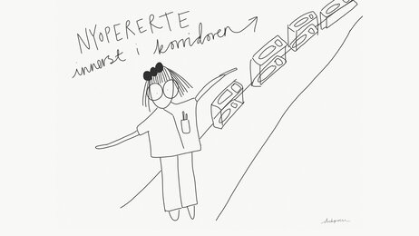 Bildet viser en tegning av en sykepleier i sykehuskorridoren