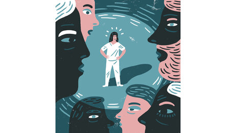 Illustrasjonen viser en sykepleier som er omringet av store ansikter