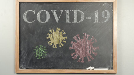 Bildet viser en skoletavle. På tavlen står det skrevet covid-19 og det er tegninger av koronaviruset.