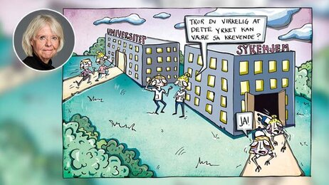 To sykepleiere kommer krabbende ut av et sykehjem Bildet viser to sykepleiere kommer krabbende ut av et sykehjem