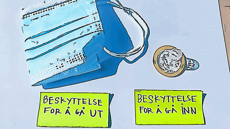 Bildet viser et munnbind og en kondom