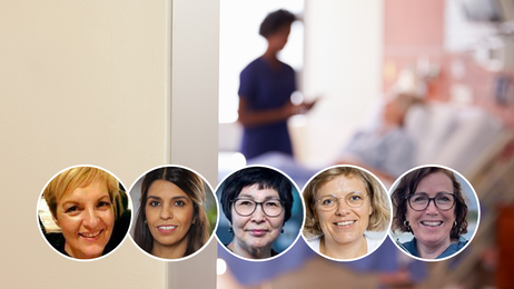 Bildet viser et uskarpt bilde av en sykepleier som prater med en pasient som er sengeliggende. I selve bildet er portrettbilder av alle innleggsforfatterne lagt inn.