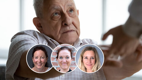 Bilde viser en eldre mann som ser og strekker hender mot en person