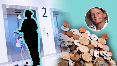 Illustrasjonen viser en sykepleier som venter på heisen. I heisdøren ved siden av renner det ut penger.