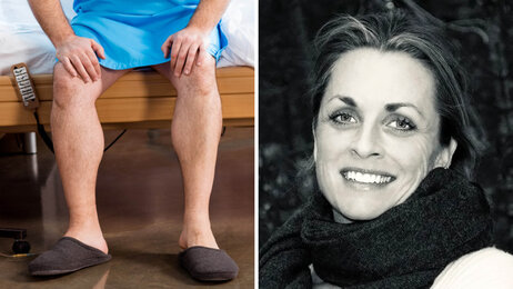 Bildet består av to bilder: ett av en mann sittende uten bukse og ett av innleggsforfatteren