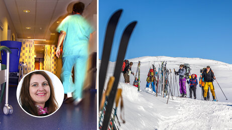 Bildet viser to illustrasjoner: Et bilde av sykepleiere på jobb og et bilde av ski og påskeliv på fjellet