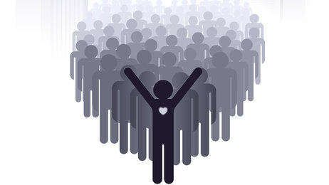 en illustrasjon bestående av mange mennesker som utgjør et hjerte med ett menneske i front