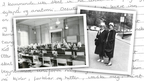 Bildet viser en bildecollage med gamle svart-hvitt bilder og brev.