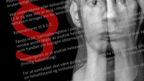 Collage som viser bilde av en mann som holder seg for ansiktet. Bildet viser også lovtekst og paragraf