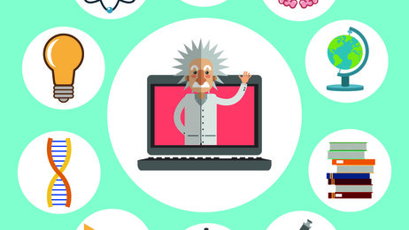 Illustrasjonen viser Einstein i midten av en sirkel av vitenskapelige symboler