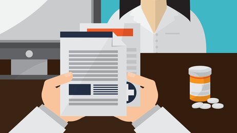 Illustrasjonen viser en sykepleier, en datamaskin og papirer.