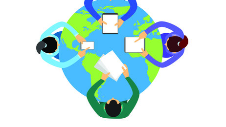 Illustrasjonen viser fire mennesker som sitter rundt en jordklode, sett ovenfra. De har papirer foran seg og samarbeider.