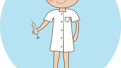 Tegningen viser en sykepleier i kjole og med en sprøyte.