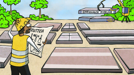 Illustrasjonen viser en mann som bygger sykehus av flatpakker.