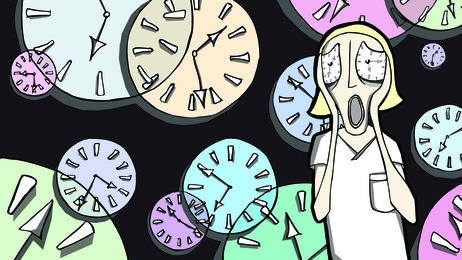 Illustrasjonen viser en sykepleier som ser angstfylt ut, mens hun er omgitt av klokker.