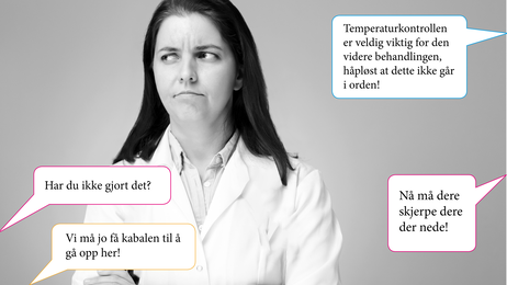 Bildet viser en streng sykepleier med mange snakkebobler rundt hvor det står forskjellige reprimander 