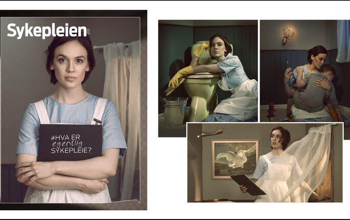 Montasjen viser forsiden av Sykepleiens temanummer #Hva er egentlig sykepleie og tre bilder fra bladet av sykepleiere