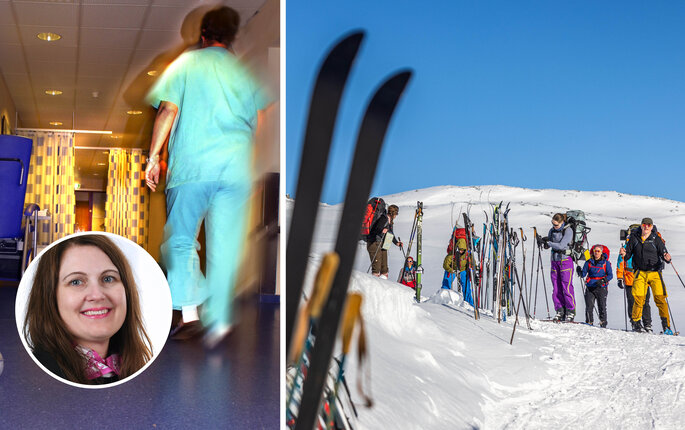 Bildet viser to illustrasjoner: Et bilde av sykepleiere på jobb og et bilde av ski og påskeliv på fjellet