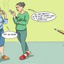 Illustrasjonen viser to kvinner som står og røyker mens en gutt retter et brannslokkingsapparat mot dem.