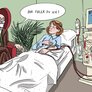 Illustrasjonen viser en dialysepasient som får dialyse mens en eldre mann sitter i en stol ved siden av og sier "Hva føler du nå?"