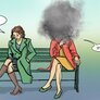 Illustrasjonen viser to damer på en benk. Den ene sier: "Hvordan går det med røykeslutt?". Den andre svarer, i en sky av damp: "Strålende".