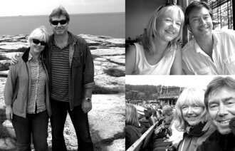 Illustrasjonen er satt sammen av flere bilder som viser forfatteren sammen med mannen sin. 