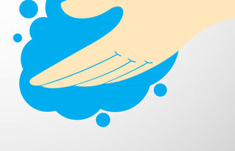 Illustrasjonen viser to hender som utfører håndvask.