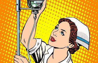 Illustrasjonen viser en sykepleier som henger opp en infusjonsflaske.