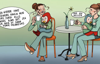 Illustrasjonen viser to mødre som sitter med hvert sitt barn på fanget. 