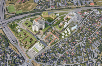 Illustrasjonen er en skisse over hvordan nye Aker sykehus kan komme til å se ut