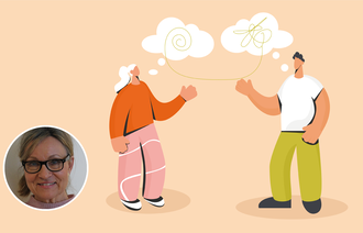 Illustrasjonen viser en psykiater og en pasient som nøster opp i tanker.