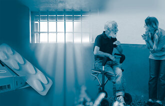 The photo montage shows some pills, a prison window and an elderly man talking to a nurse