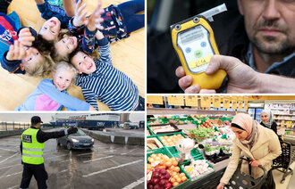 collage av barn, alkotest og matbutikk