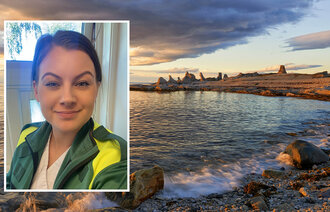 Bildet viser Maj-Britt Busæt Kollevåg, som er ny hovedtillitsvalgt i Porsanger kommune, innfelt over et bilde av Porsangerfjorden, ofte kalt Trollene i Trollholmsund.