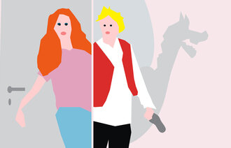 Illustrasjonen viser en kvinne, helsesykepleier, foran en kontordør. Hun "speiles" i en mann, Askeladden, som holder en skosåle. I bakgrunnen ses et dragehode fra eventyrene