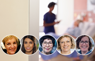 Bildet viser et uskarpt bilde av en sykepleier som prater med en pasient som er sengeliggende. I selve bildet er portrettbilder av alle innleggsforfatterne lagt inn.