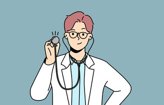 Illustrasjonen viser en helsearbeider med stetoskop.