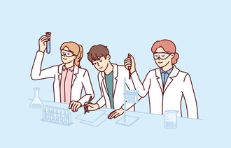 Illustrasjonen viser tre mennesker i labfrakker på laboratorium.