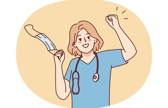 Illustrasjonen viser en helsearbeider som tar av munnbind.