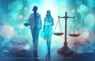 Illustrasjonen viser to kvinner (helsepersonell) som bærer på papirer. En vekt står til høyre for dem, og rundt ligger bunker med papirer